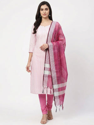 Pink Striped Printed With Woven Cotton Blend Dress Material - Image 1