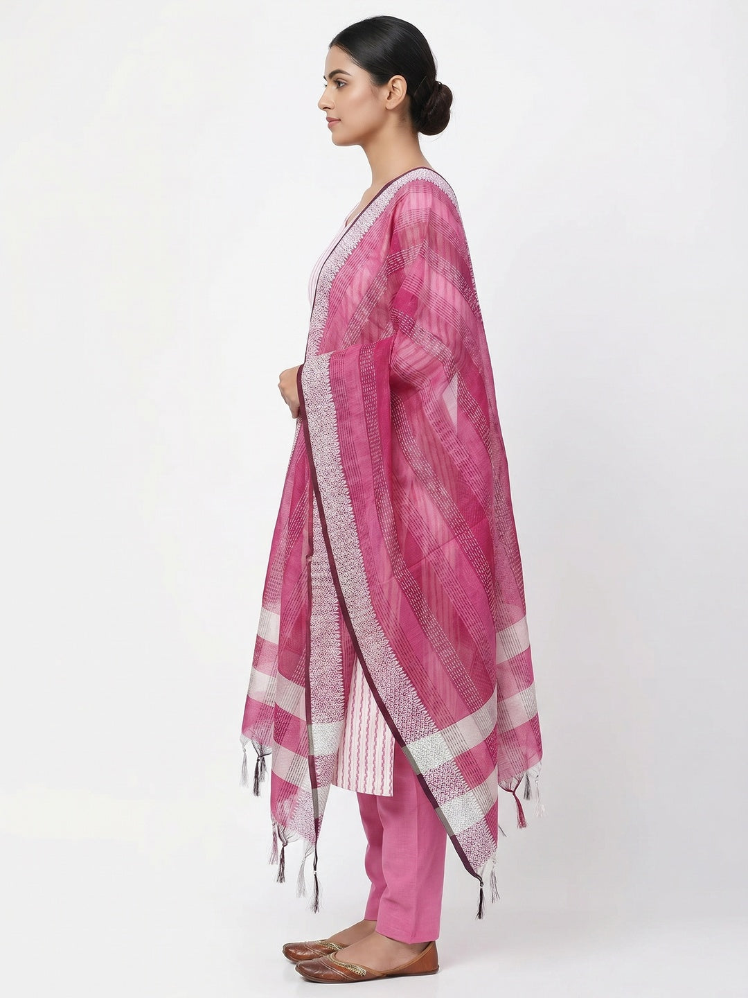 Pink Striped Printed With Woven Cotton Blend Dress Material - Image 3