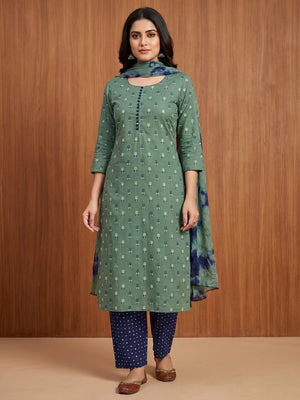 Green Floral Printed Cotton Blend Dress Material - Image 1