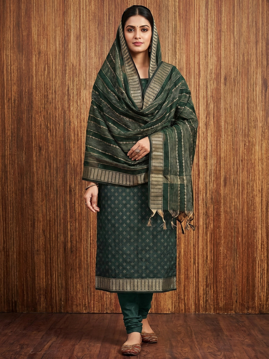 Bottle Green Woven Cotton Blend Dress Material - Image 1