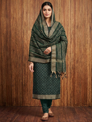 Bottle Green Woven Cotton Blend Dress Material - Image 1