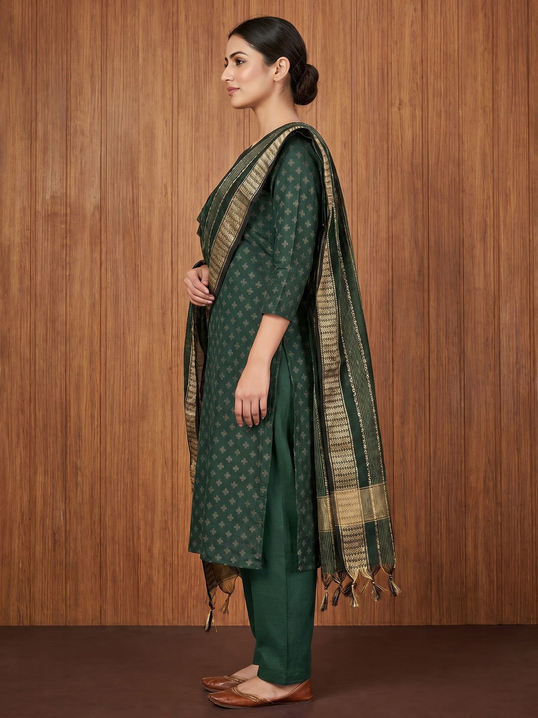 Bottle Green Woven Cotton Blend Dress Material - Image 2