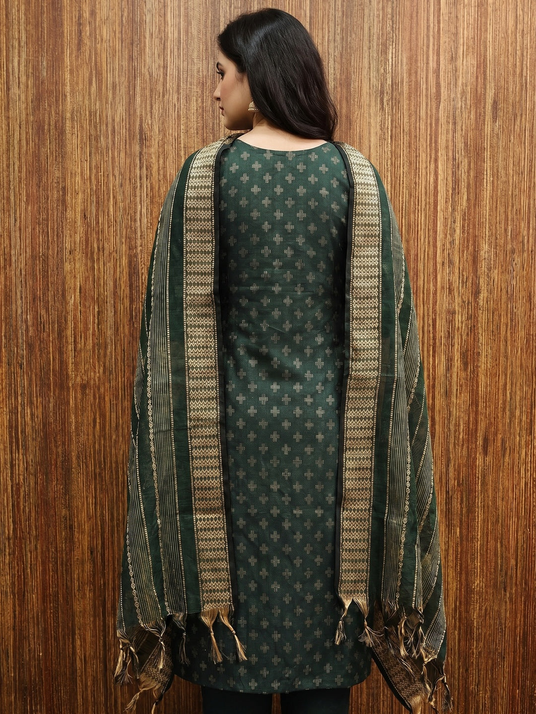 Bottle Green Woven Cotton Blend Dress Material - Image 3