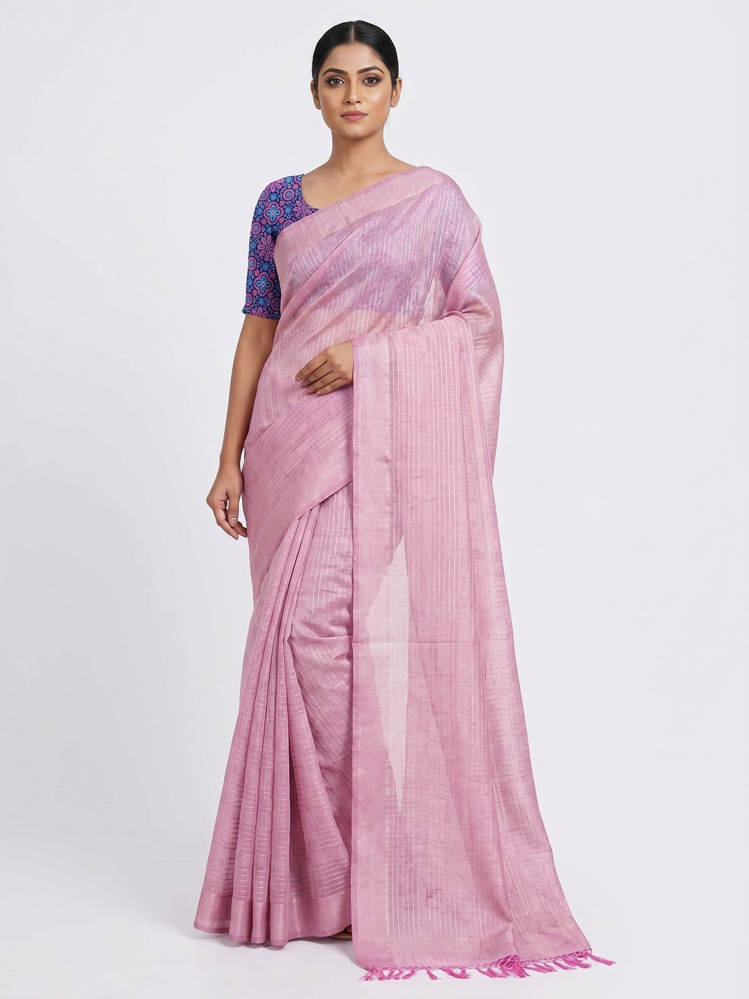 Pink Striped Pattern Manipuri Silk Saree - Image 1