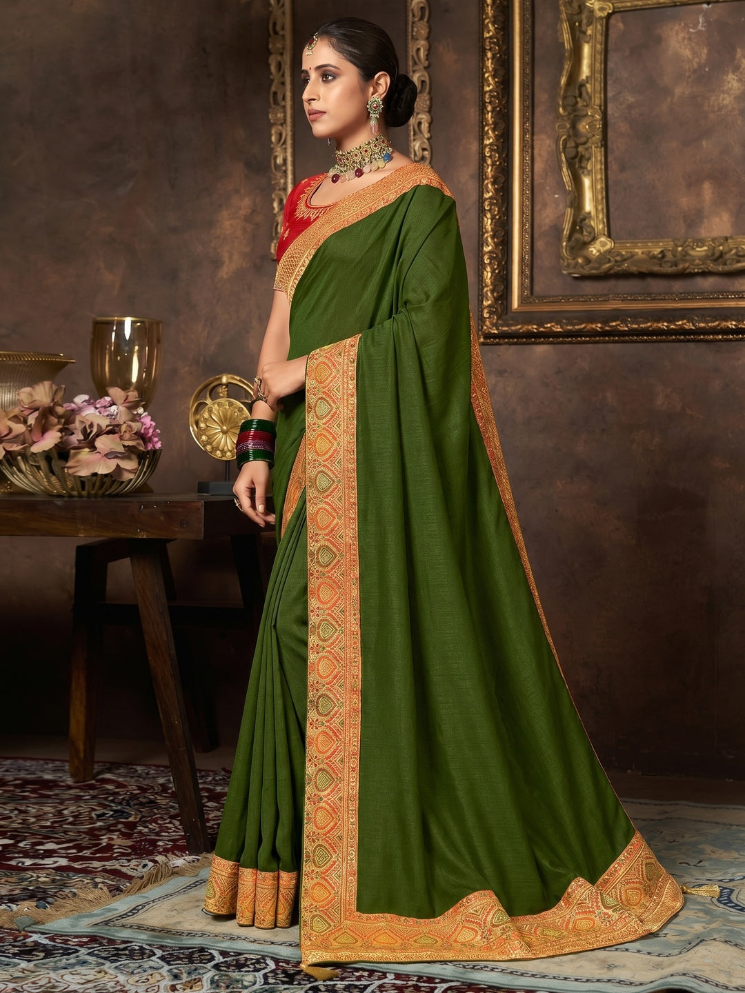 Olive Green Solid With Woven Border Vichitra Silk Saree - Image 1