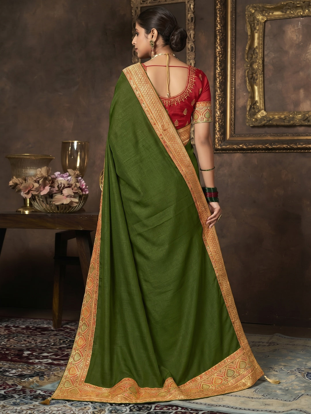 Olive Green Solid With Woven Border Vichitra Silk Saree - Image 2