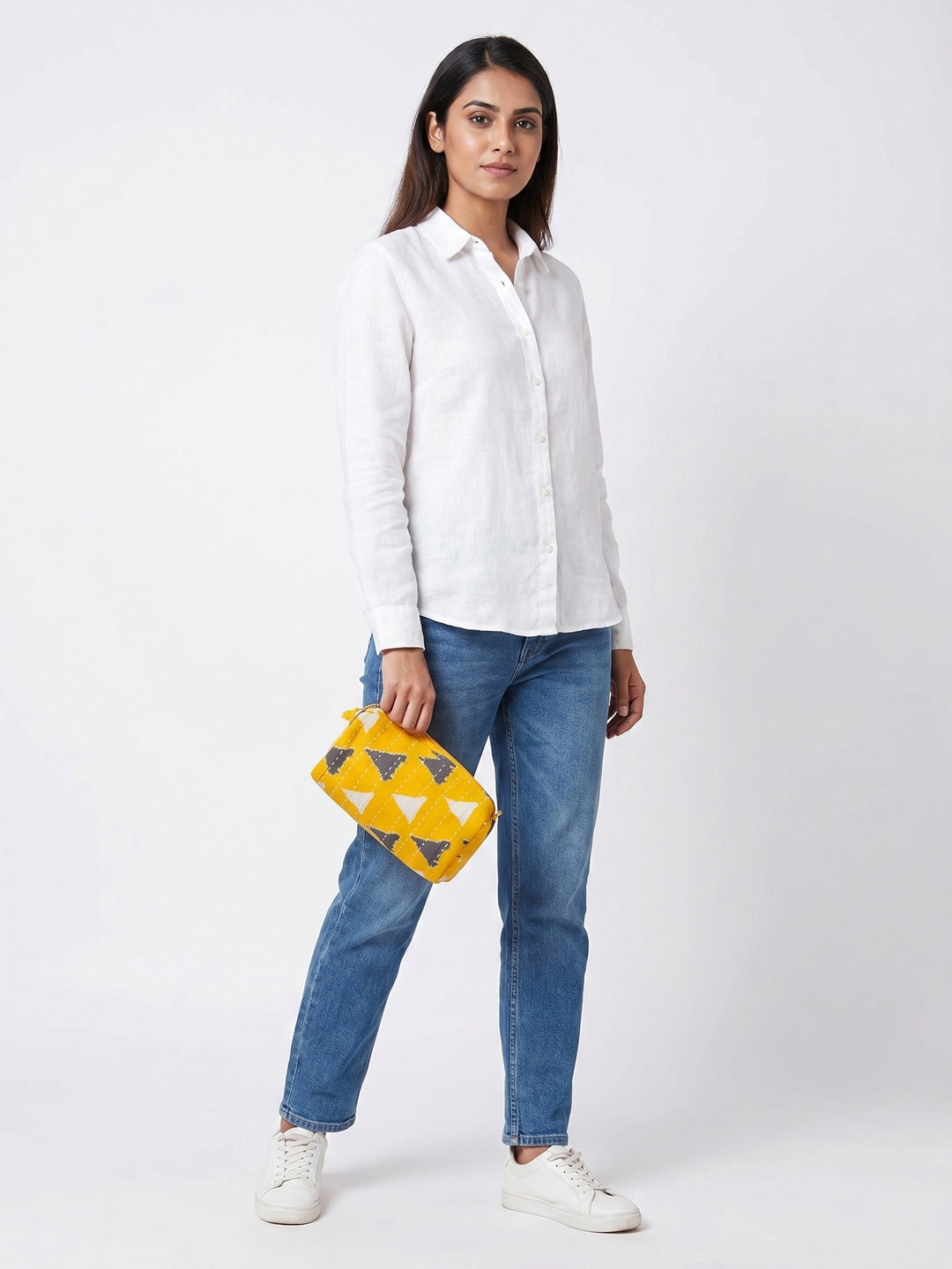 TMN - Women Yellow Printed With Embroidered Vegan Leather Cosmetic Pouch - Image 1