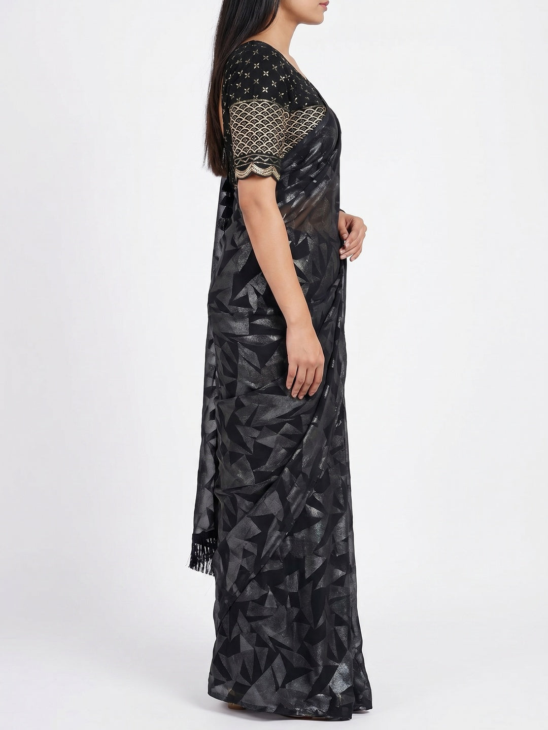 Black Foil Printed Georgette Saree - Image 2