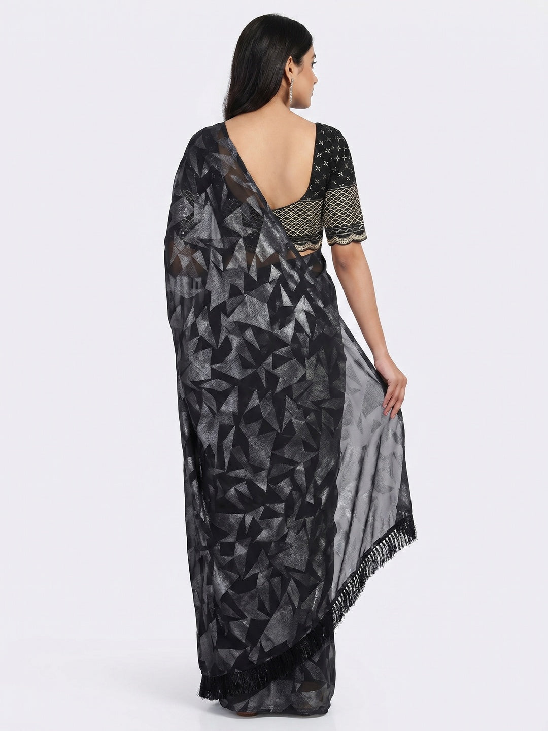 Black Foil Printed Georgette Saree - Image 3
