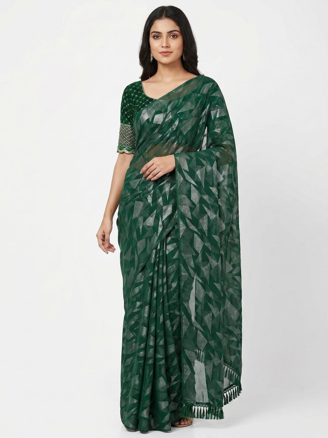 Green Foil Printed Georgette Saree - Image 1