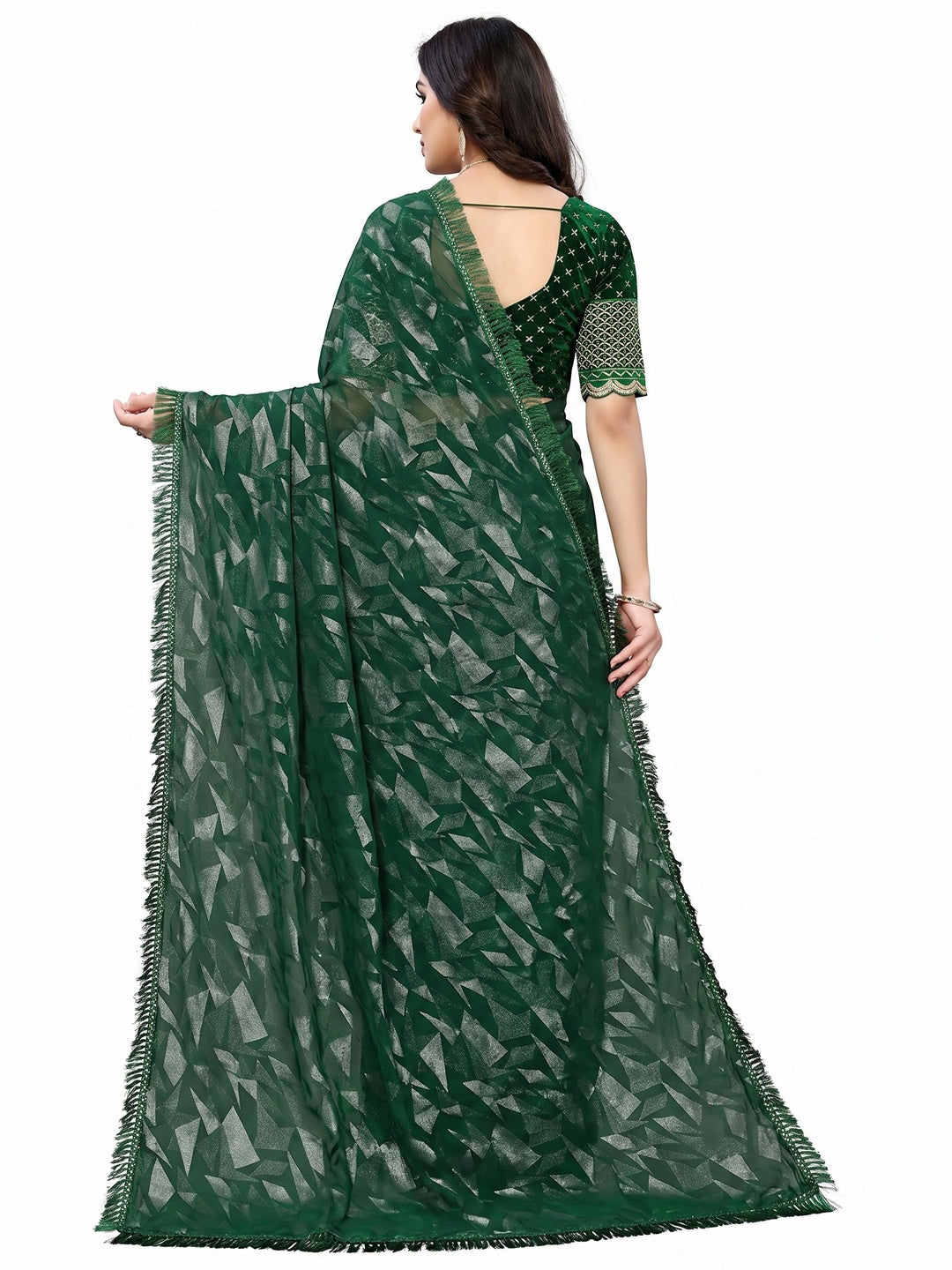 Green Foil Printed Georgette Saree - Image 2