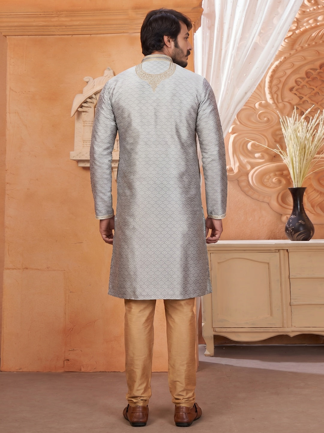 Grey Embroidered Jacquard Kurta Pyjama Set - Image 1