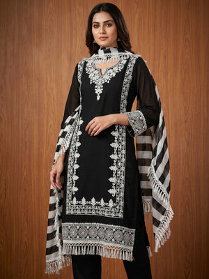 Black Lucknowi Embroidered Georgette Dress Material - Image 1
