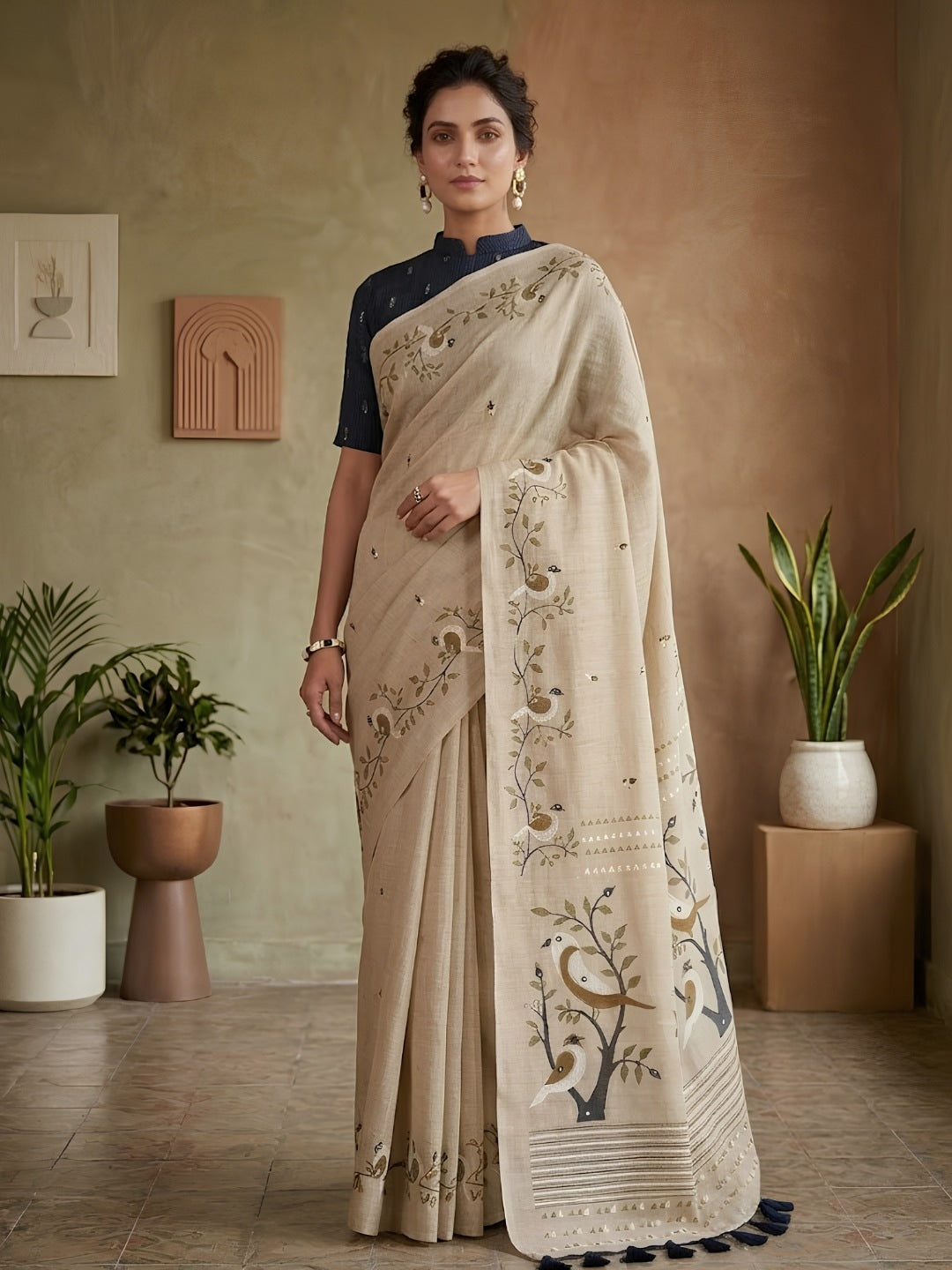 Peachmode Beige Linen Saree with mirror work - Image 5