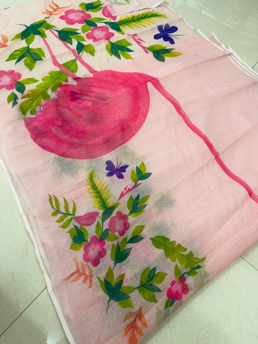 Peachmode Pink Linen Saree with soft printed look - Image 2