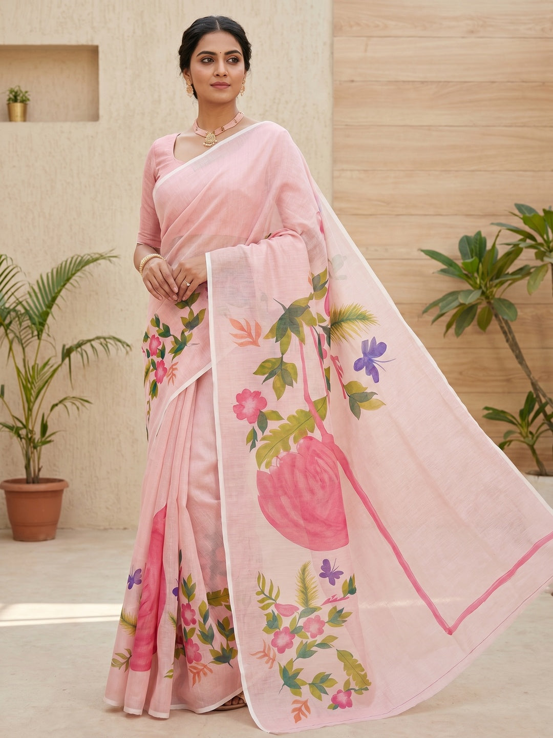 Peachmode Pink Linen Saree with soft printed look - Image 1