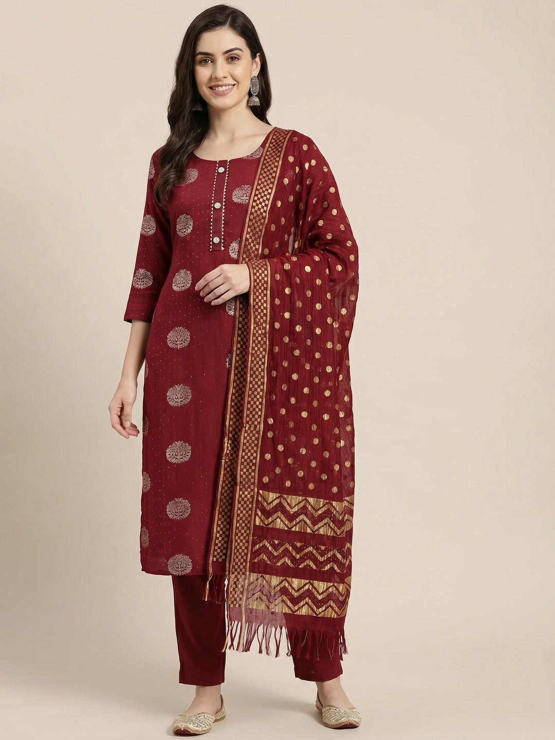 Maroon Woven With Sequins Work Modal Dress Material - Image 1