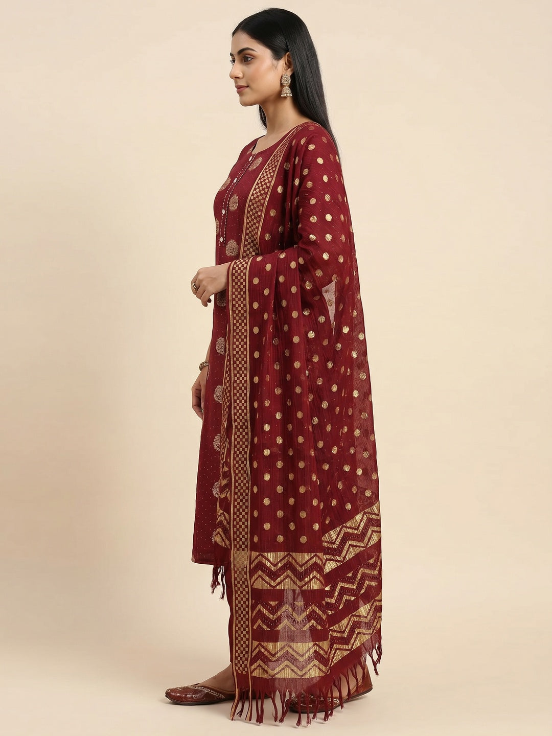 Maroon Woven With Sequins Work Modal Dress Material - Image 3