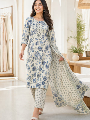 Blue Pure Cotton Floral Printed Salwar Suit Set with Dupatta - Image 1