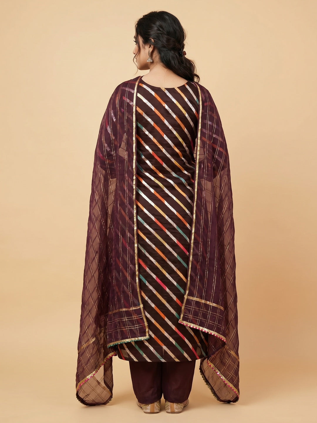 Brown Woven Organza Dress Material - Image 3