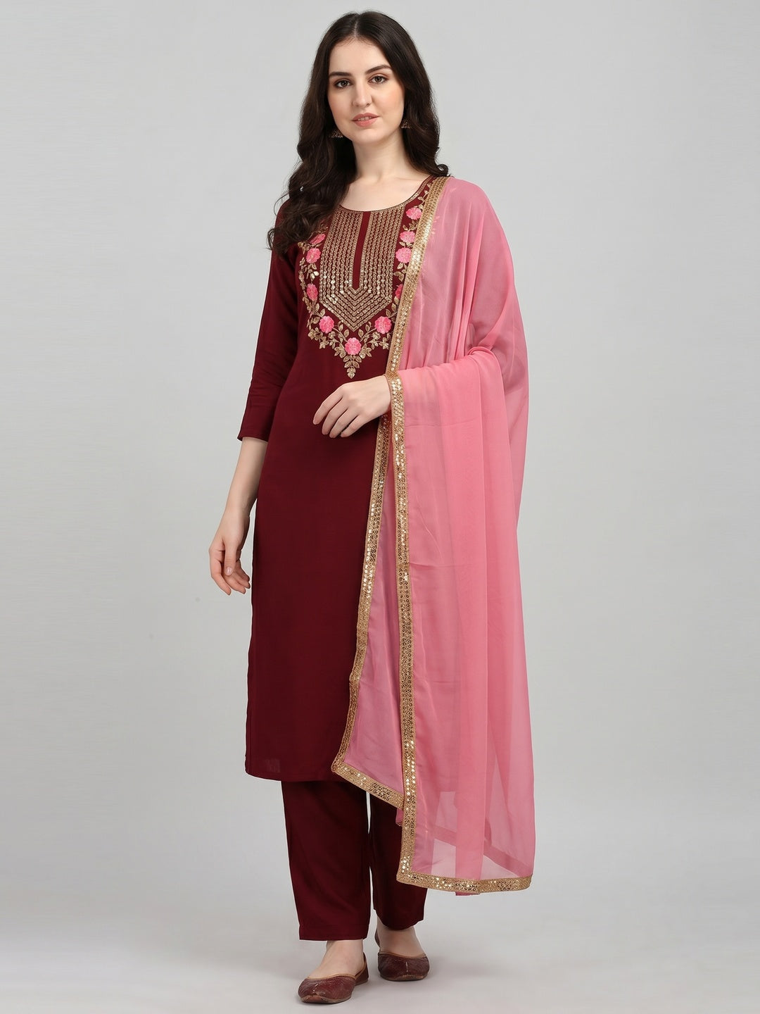 Maroon Sequins Floral Embroidered Modal Dress Material - Image 1