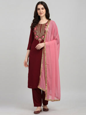 Maroon Sequins Floral Embroidered Modal Dress Material - Image 1
