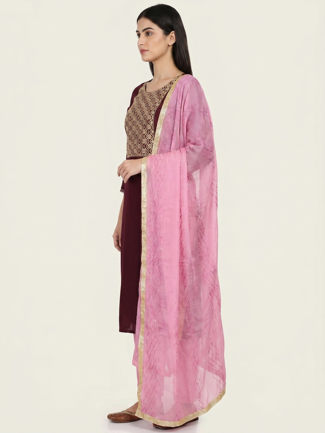 Maroon Sequins Floral Embroidered Modal Dress Material - Image 2