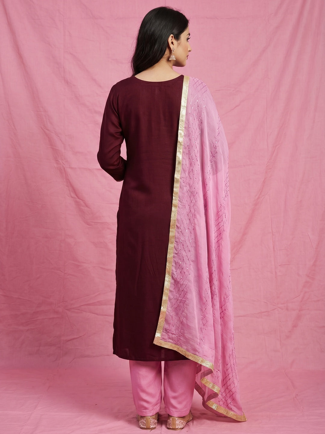Maroon Sequins Floral Embroidered Modal Dress Material - Image 3