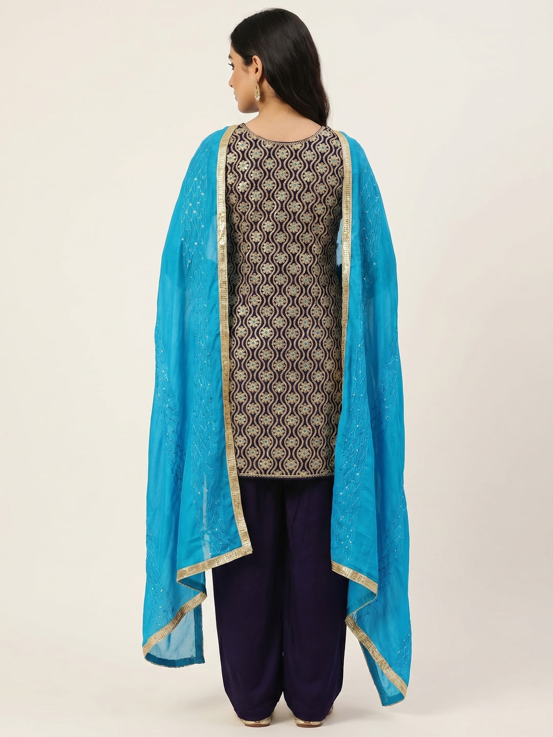 Navy Blue Sequins Floral Embroidered Modal Dress Material - Image 3