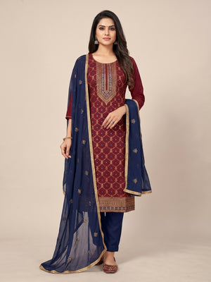 Maroon Woven With Embroidered Modal Dress Material - Image 1