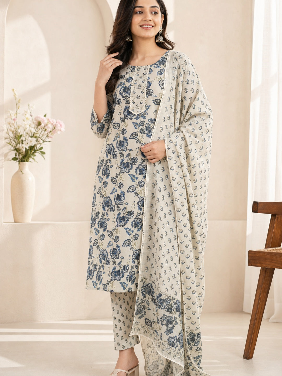 Blue Pure Cotton Floral Printed Salwar Suit Set with Dupatta - Image 3