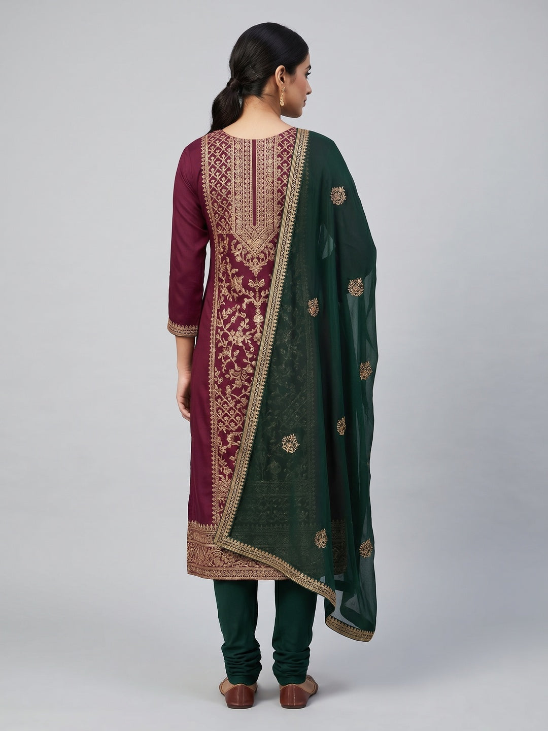 Wine Woven With Embroidered Modal Dress Material - Image 3