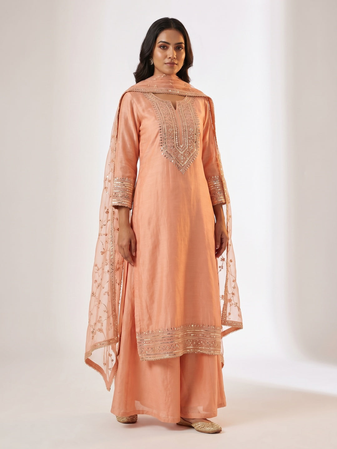 Peach Sequins Embroidered Chanderi Dress Material - Image 2