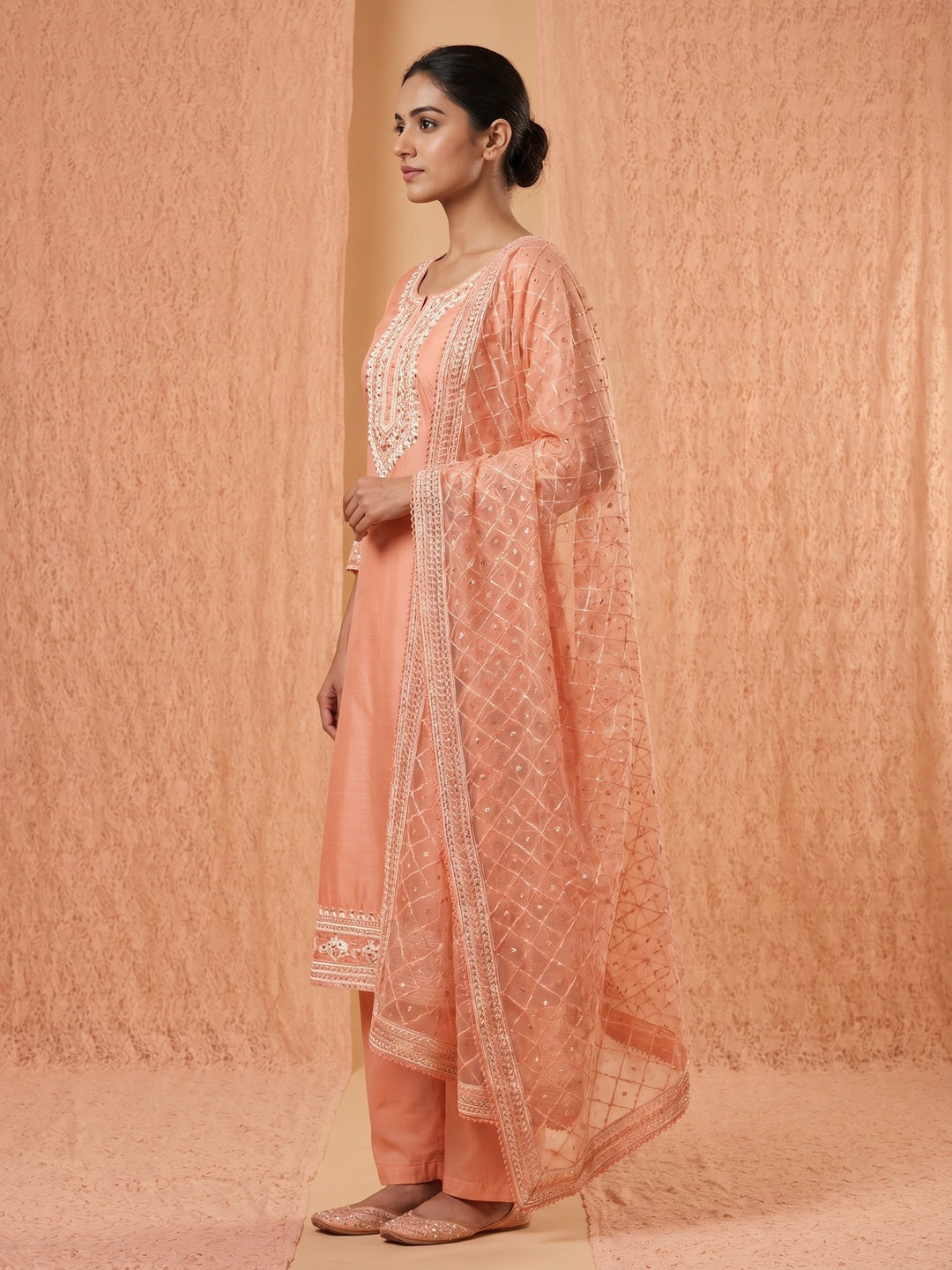 Peach Sequins Embroidered Chanderi Dress Material - Image 1