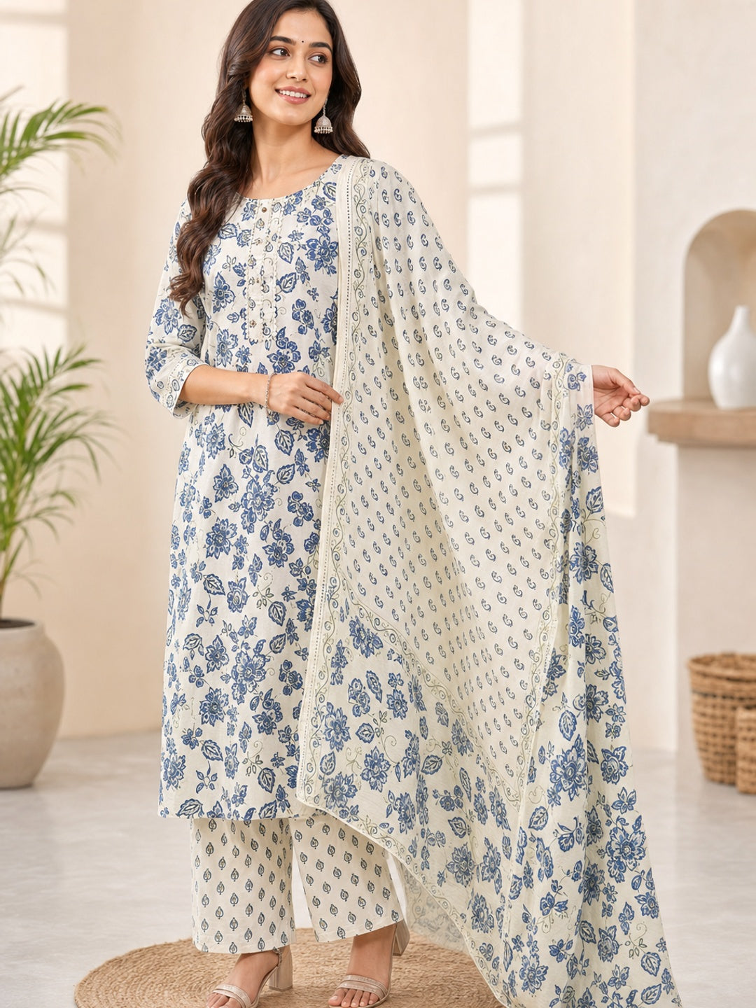 Blue Pure Cotton Floral Printed Salwar Suit Set with Dupatta - Image 4