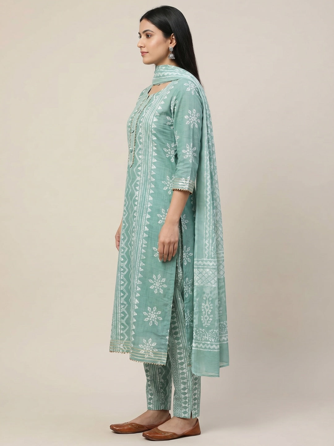 Green Printed Pure Cotton Dress Material - Image 3