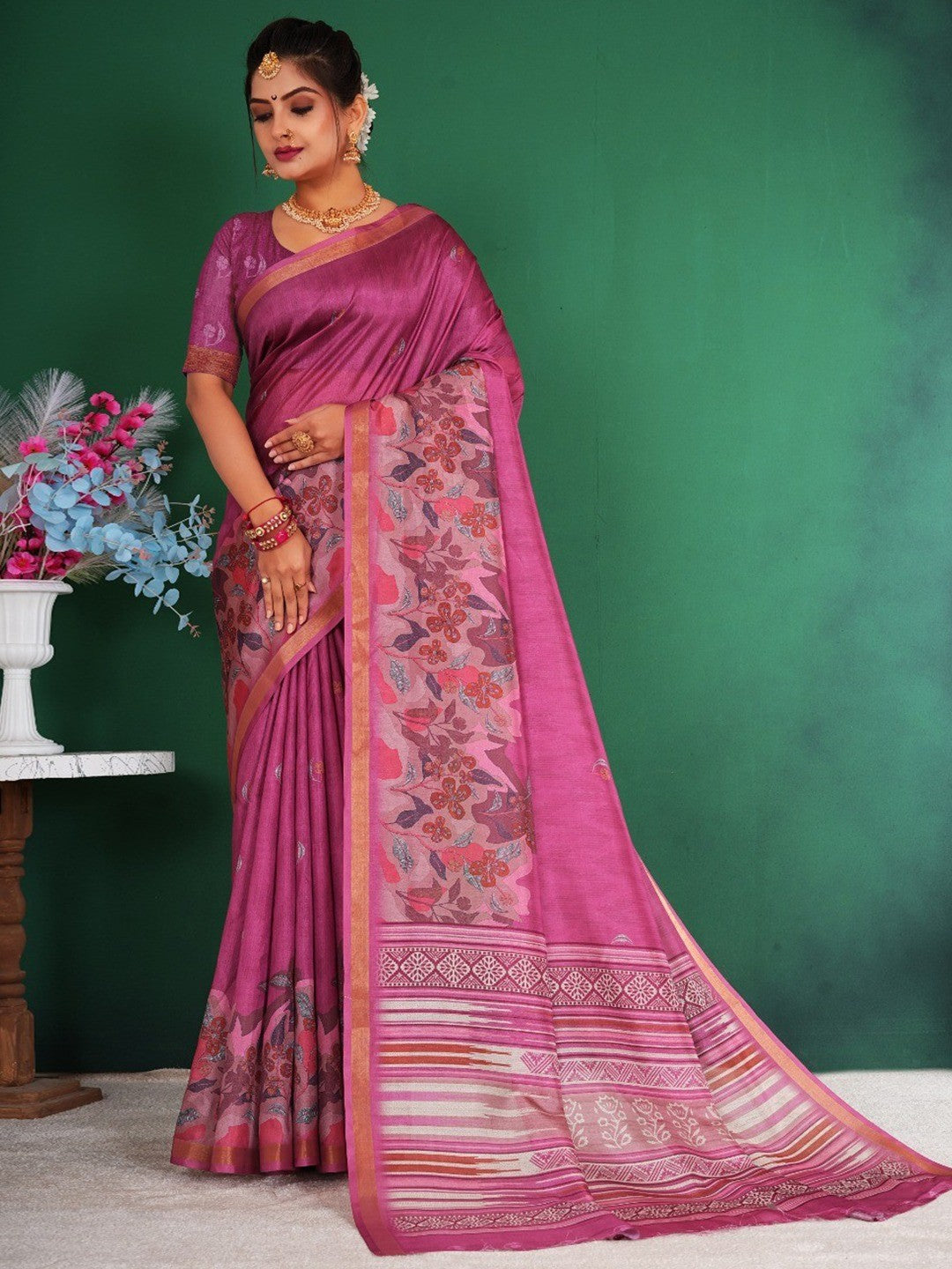 Elegant Pink Floral Digital Print Dola Silk Saree With Rich Zari Weaving Border Work - Image 1