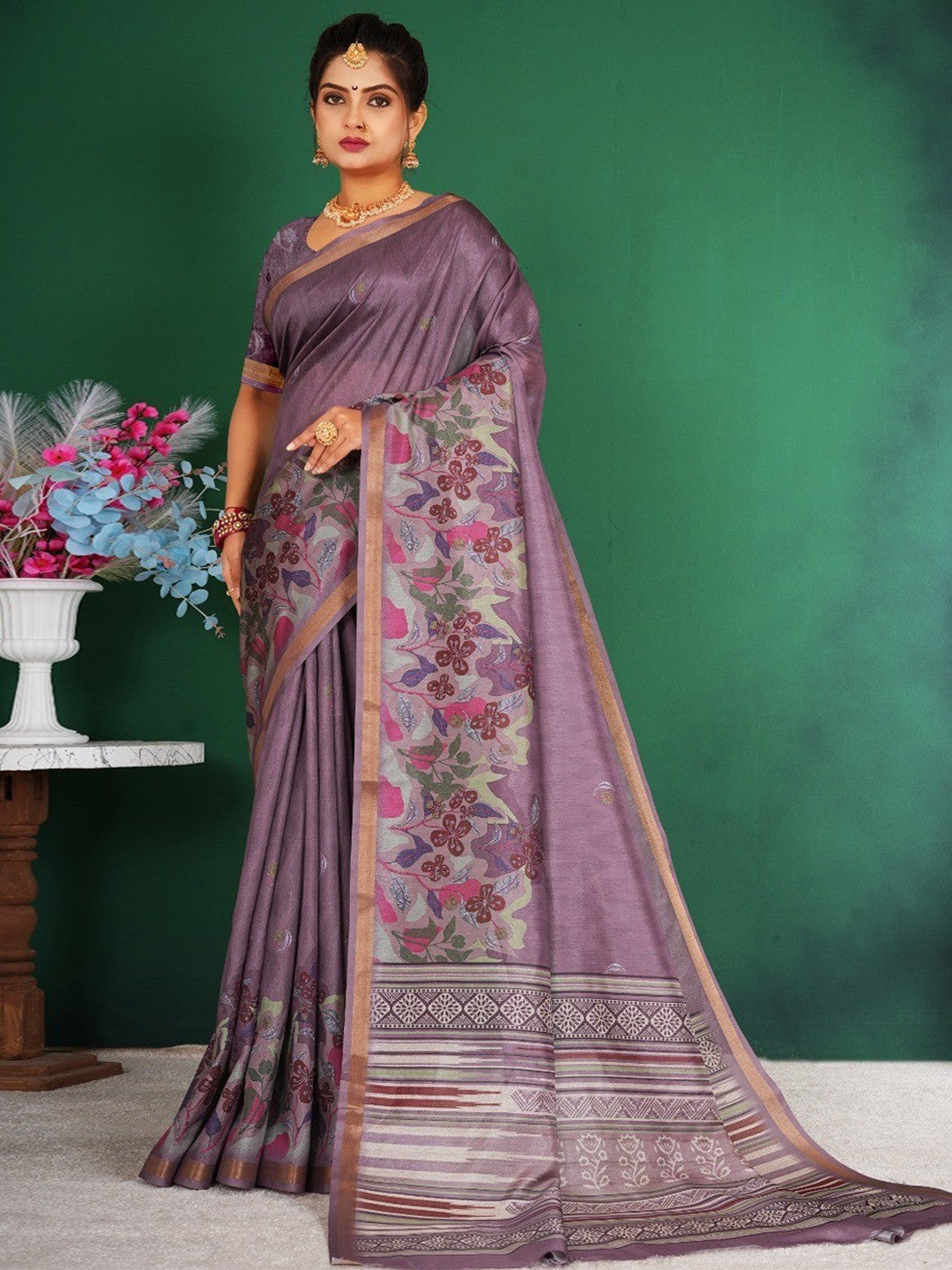 Elegant Purple Floral Digital Print Dola Silk Saree With Rich Zari Weaving Border Work - Image 1