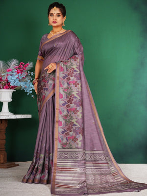 Elegant Purple Floral Digital Print Dola Silk Saree With Rich Zari Weaving Border Work - Image 1