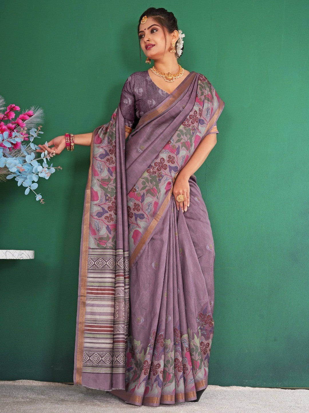 Elegant Purple Floral Digital Print Dola Silk Saree With Rich Zari Weaving Border Work - Image 2