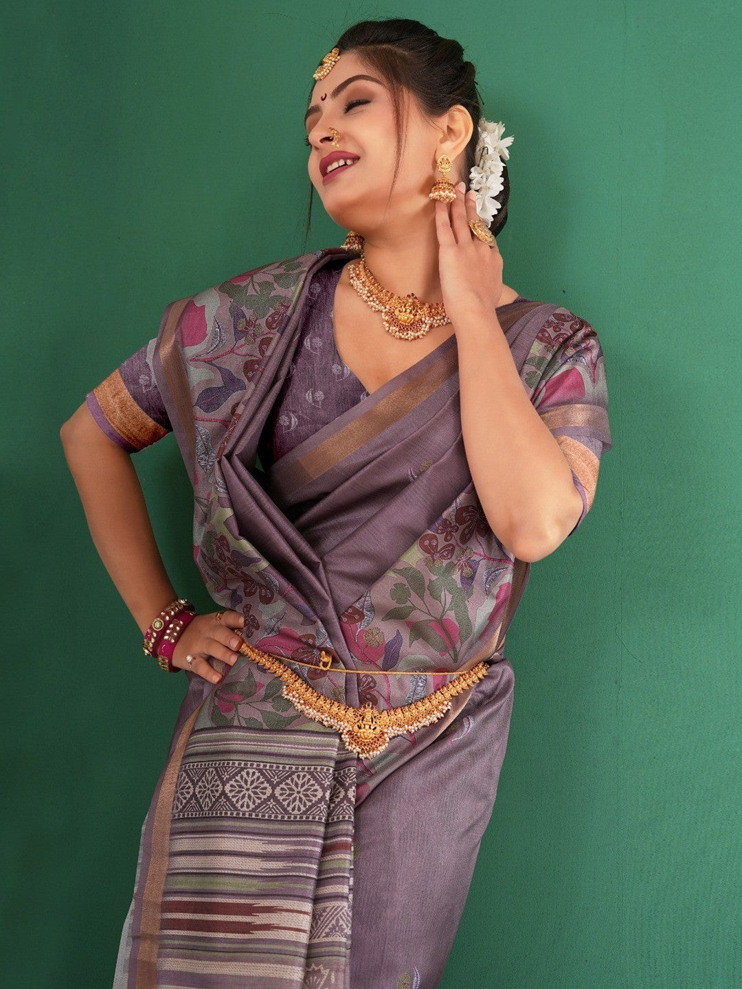 Elegant Purple Floral Digital Print Dola Silk Saree With Rich Zari Weaving Border Work - Image 3