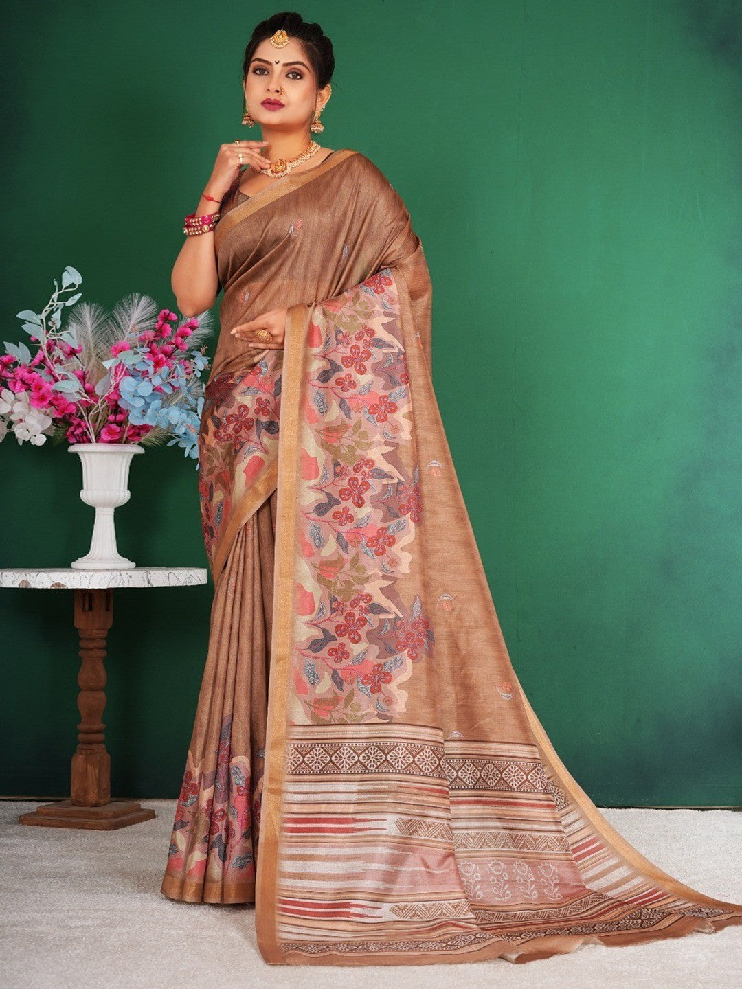 Elegant Brown Floral Digital Print Dola Silk Saree With Rich Zari Weaving Border Work - Image 1