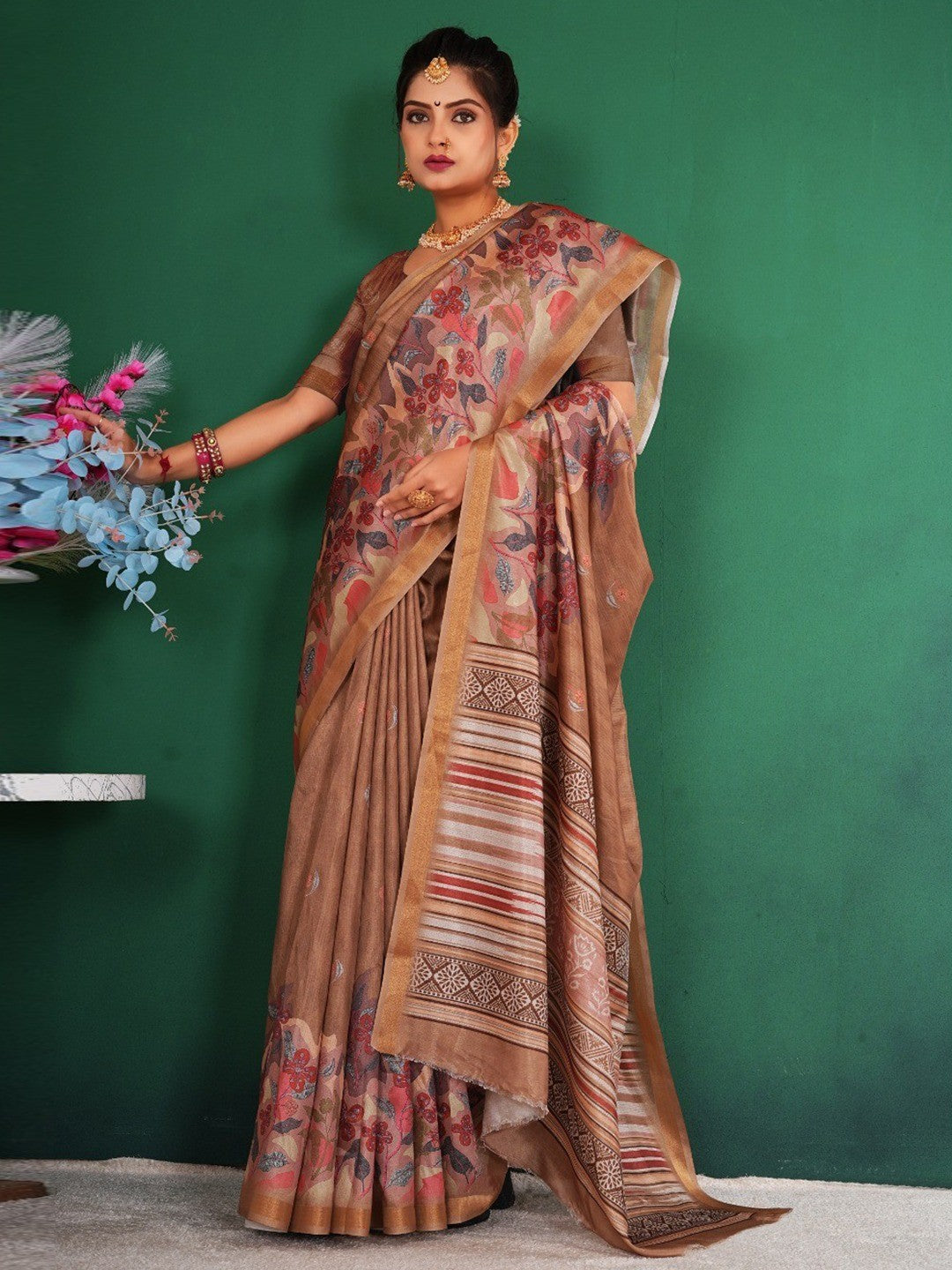 Elegant Brown Floral Digital Print Dola Silk Saree With Rich Zari Weaving Border Work - Image 2