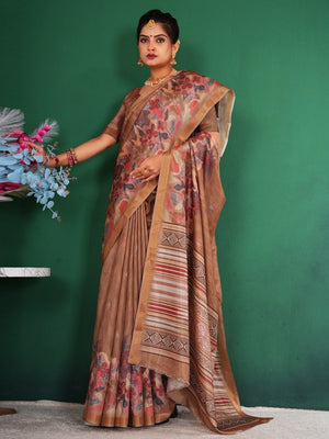 Elegant Brown Floral Digital Print Dola Silk Saree With Rich Zari Weaving Border Work - Image 2