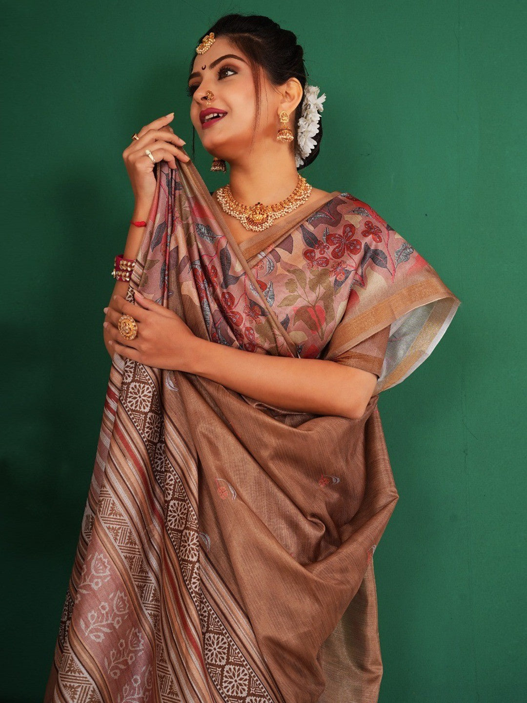 Elegant Brown Floral Digital Print Dola Silk Saree With Rich Zari Weaving Border Work - Image 3