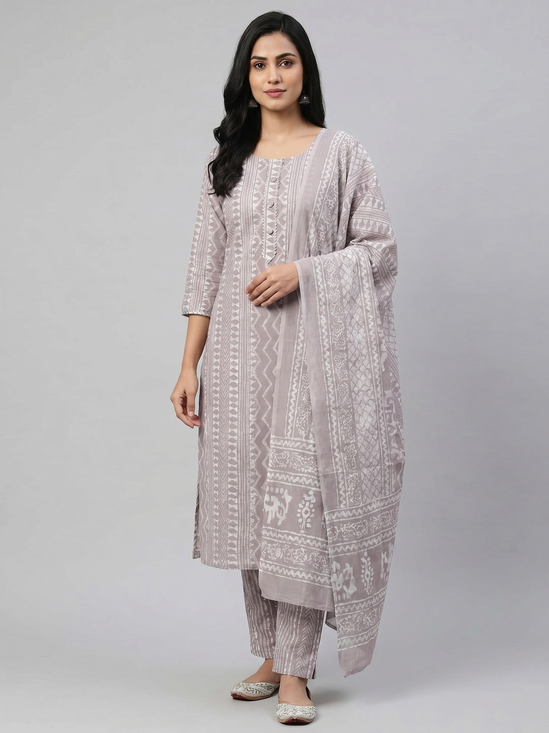 Grey Printed Pure Cotton Dress Material - Image 1