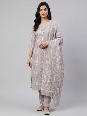 Grey Printed Pure Cotton Dress Material - Image 1