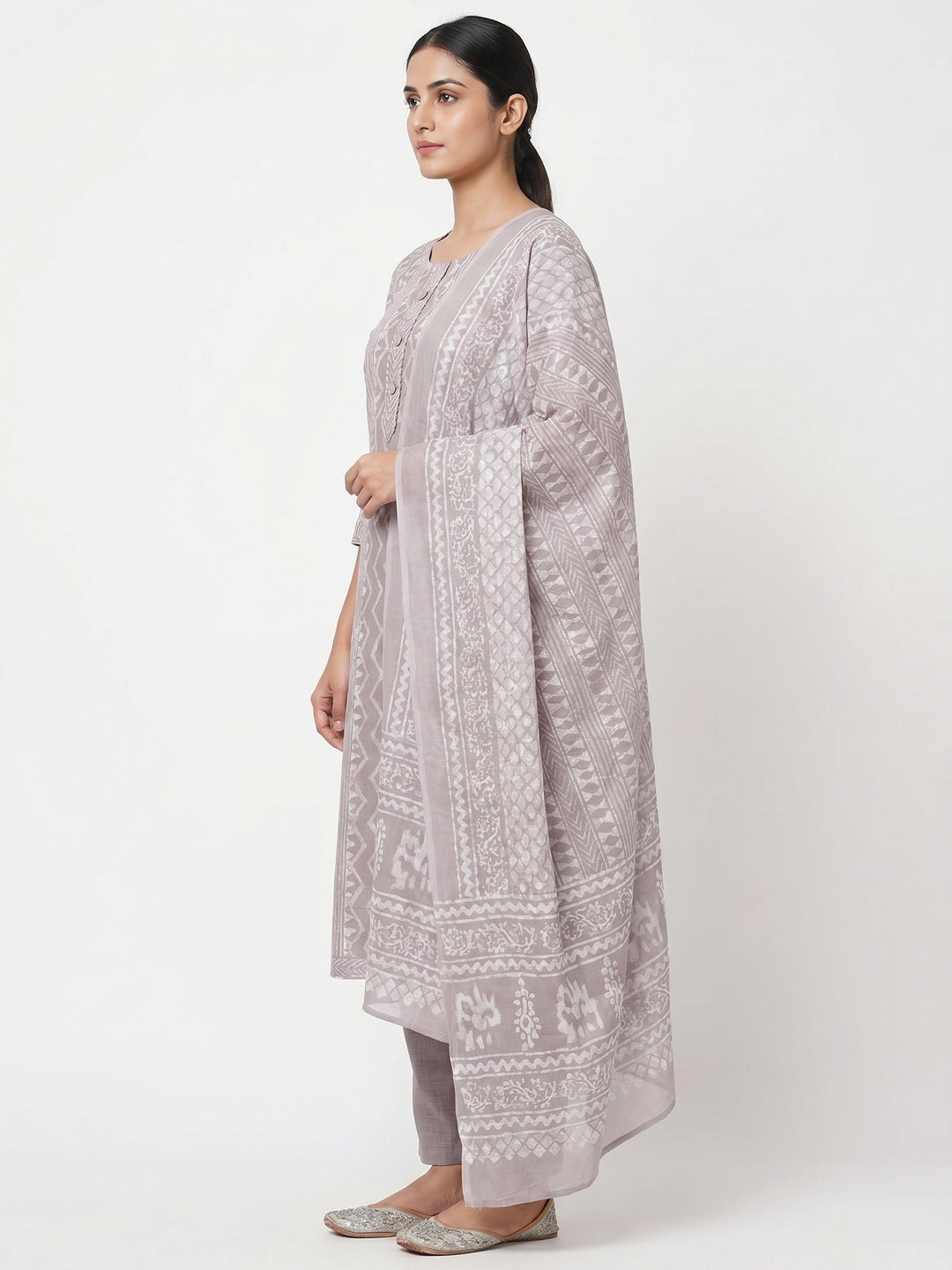 Grey Printed Pure Cotton Dress Material - Image 3