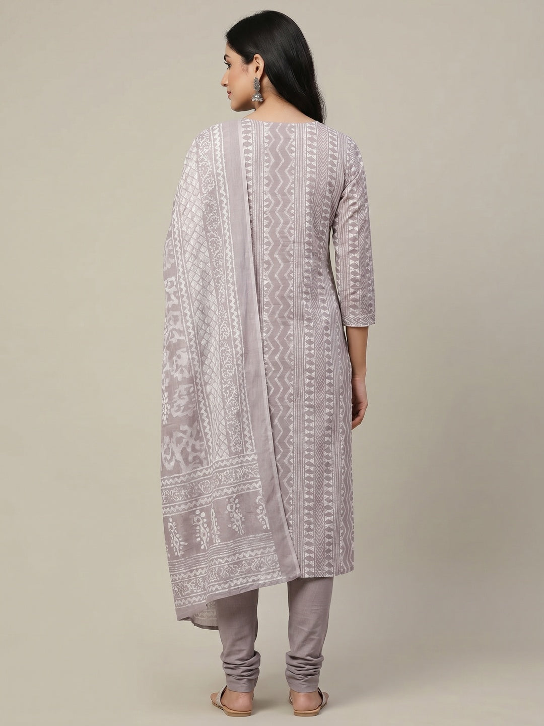 Grey Printed Pure Cotton Dress Material - Image 2