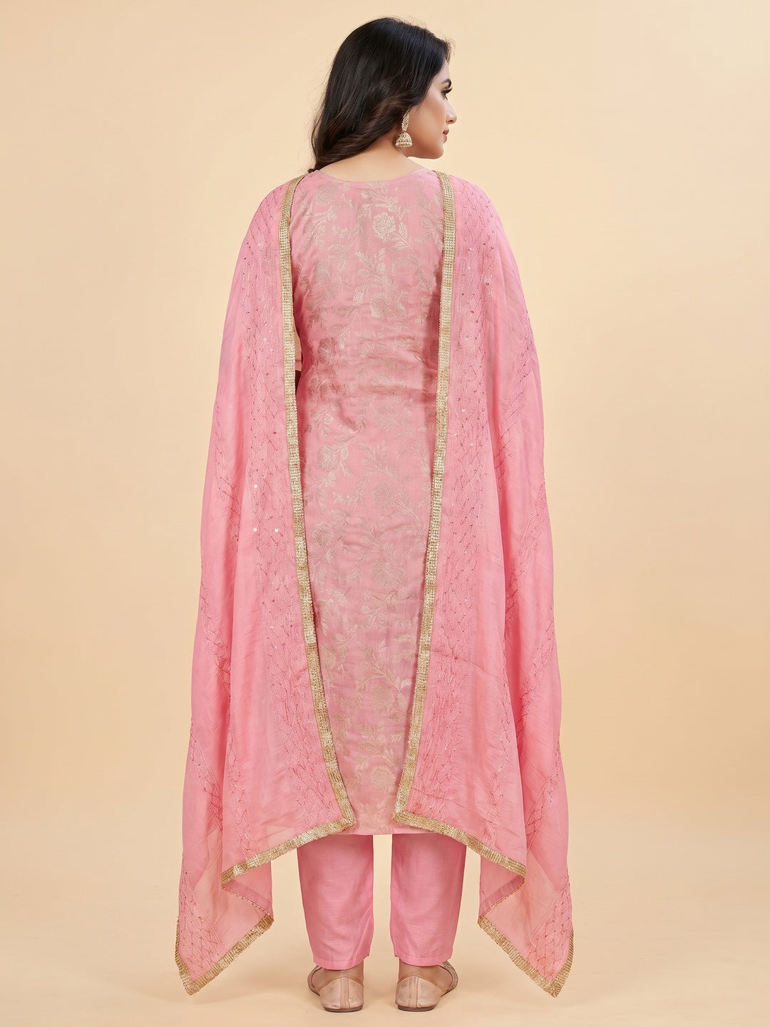 Pink Woven With Sequins Work Modal Dress Material - Image 2